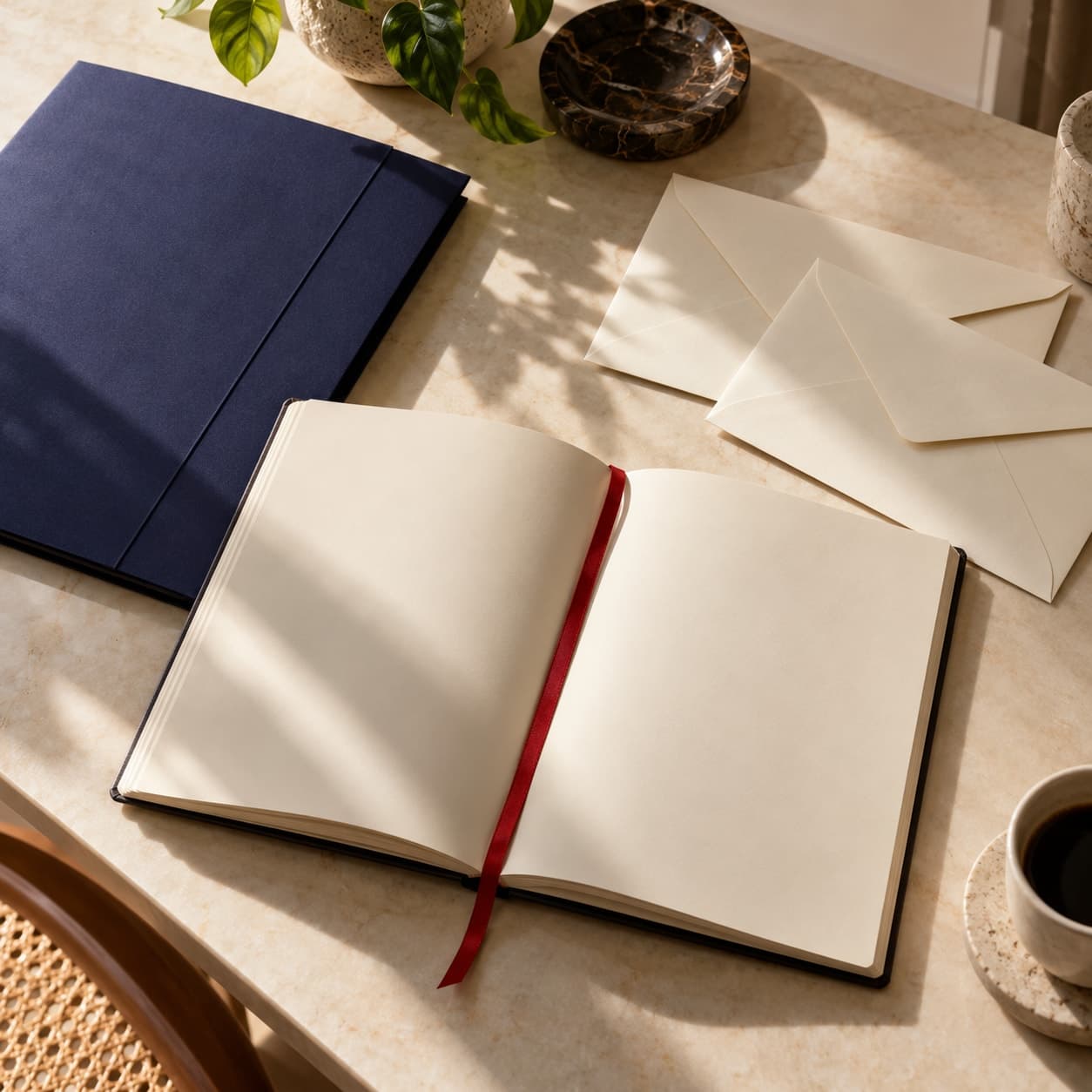 Caderno aberto e envelopes sobre uma mesa; ilustração editorial.